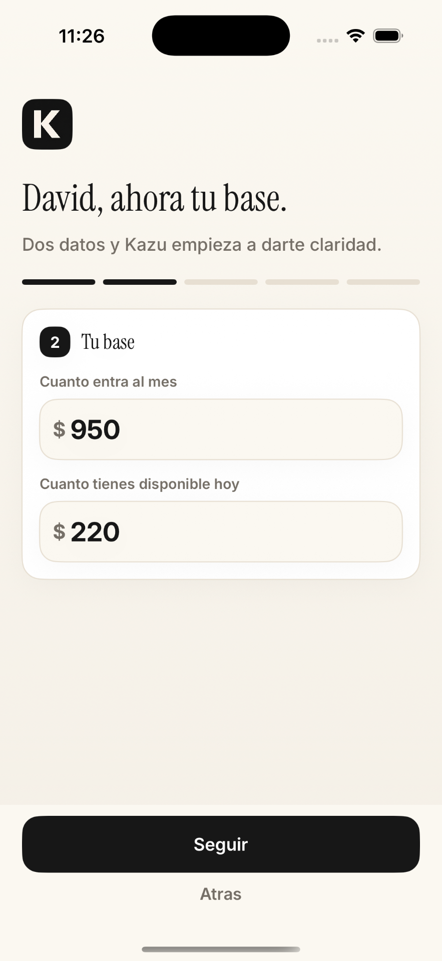 Kazu onboarding de base financiera para David