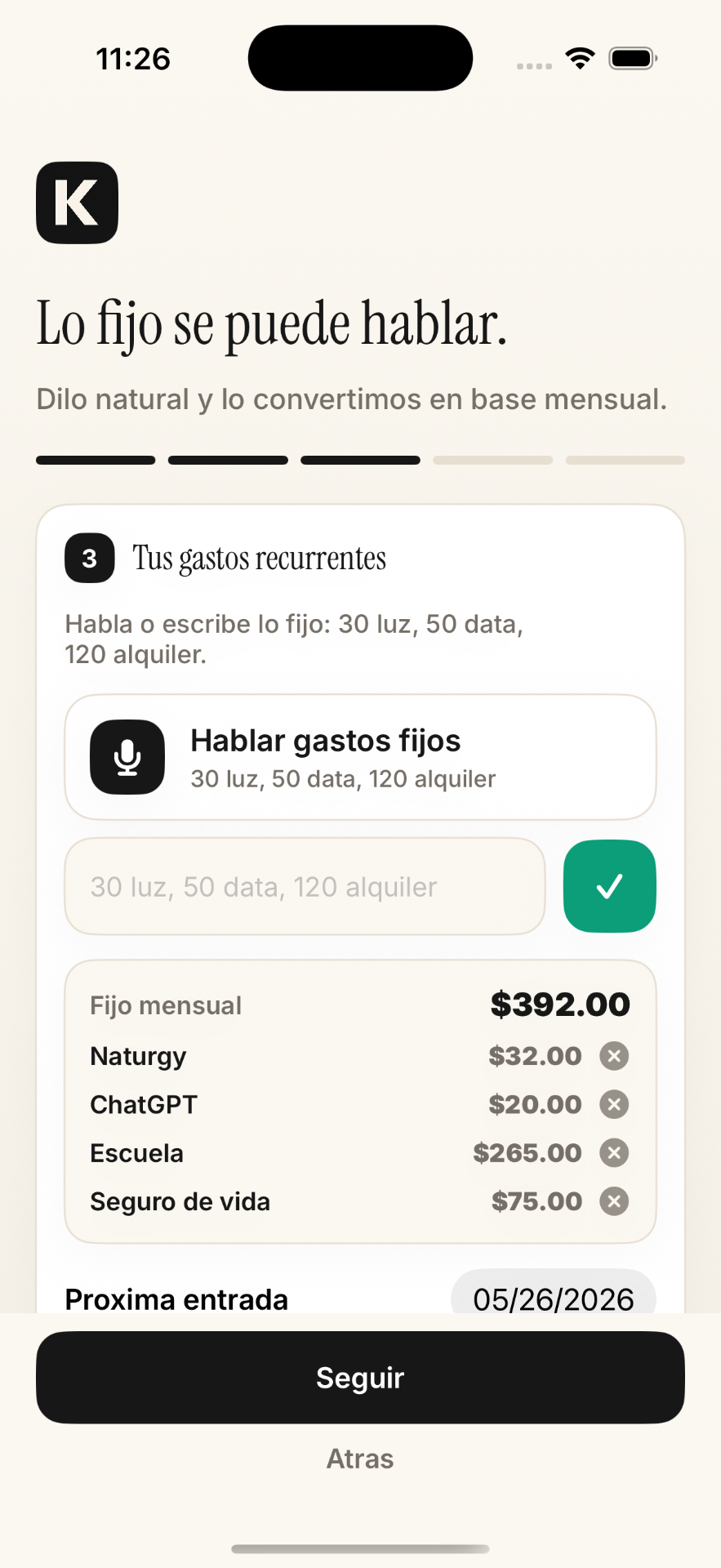 Kazu onboarding de gastos recurrentes por voz