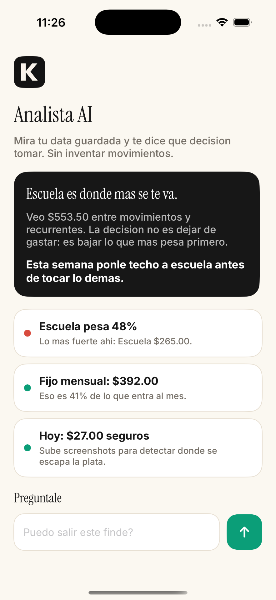 Kazu analista AI leyendo gastos