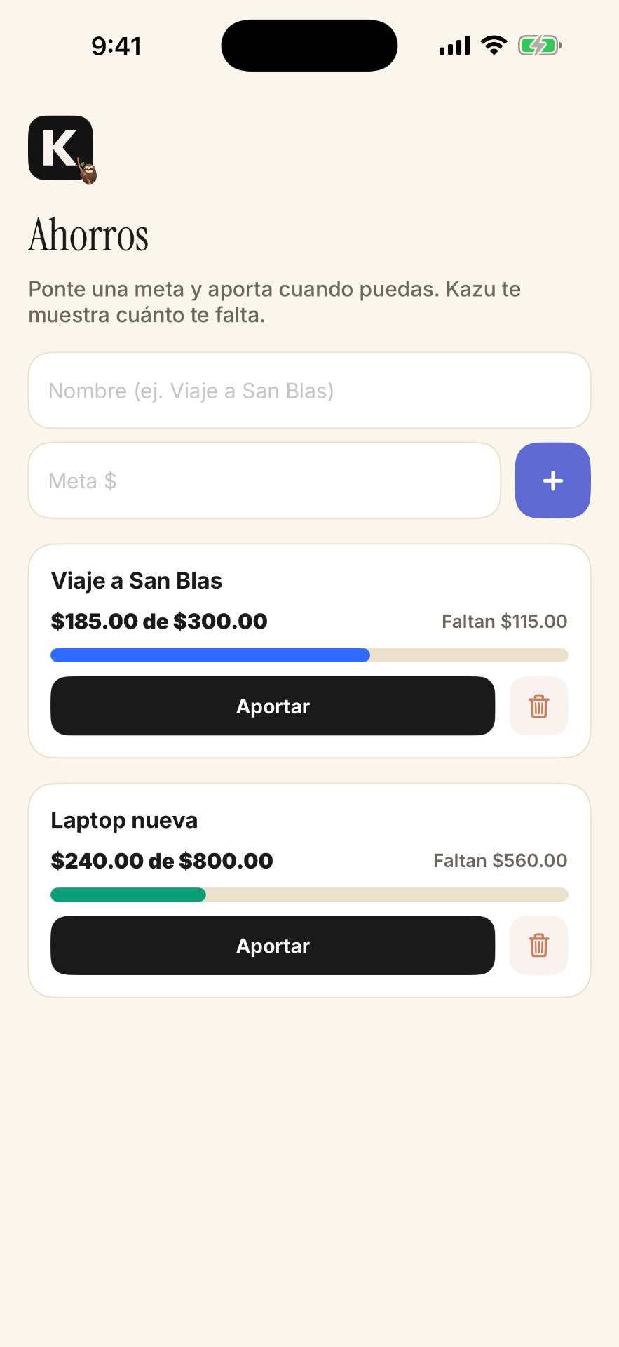 Pantalla de metas de ahorro de Kazu